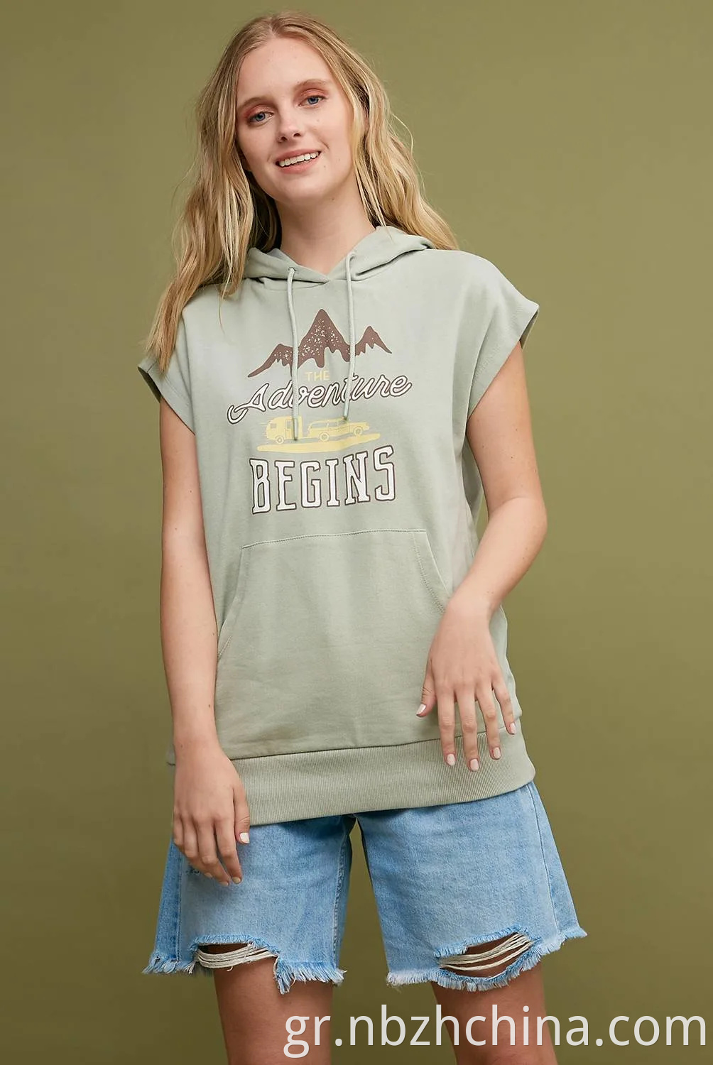 Sleeveless Printed Kangaroo Pocket Sweatshirts